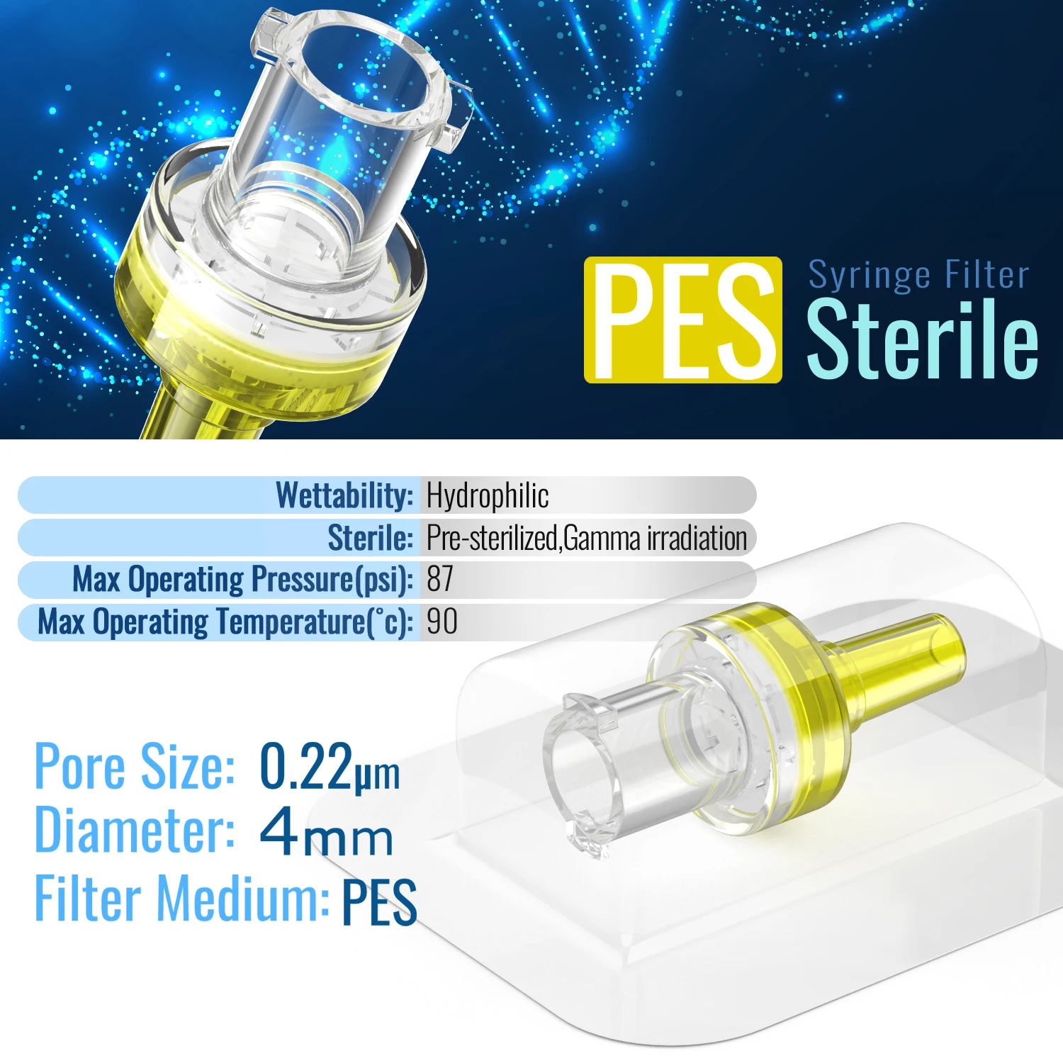 مرشح حقنة معقمة PES (Polyethersulfone) ترشيح محب للماء، Luer Taper 4 مم قطر 0.22/0.45 أم عبوة فردية