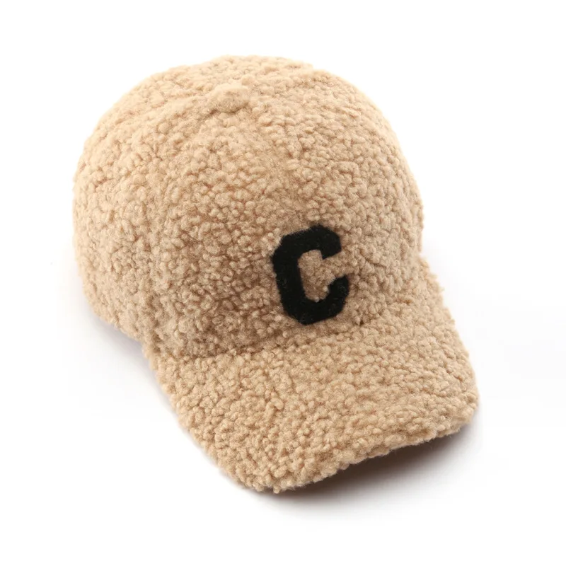 Fashion Winter Women\'s Solid Baseball Cap Lamb wool hat Men Leaisure Snapback Cap Letter C Pattern Peaked Hat Warm Sport Cap