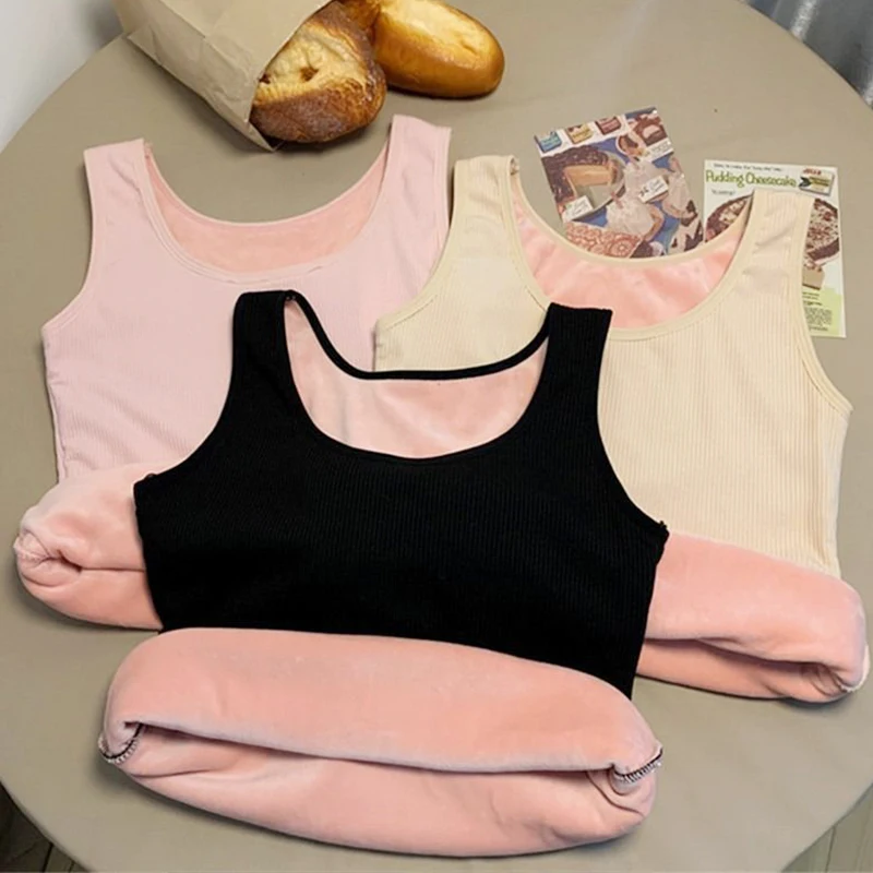 FINETOO Winter Velvet Padded Vest Women Solid Color Slim Spaghetti Thermal Underwear Camisole Keep Warm Sling Vest Shaping Tops