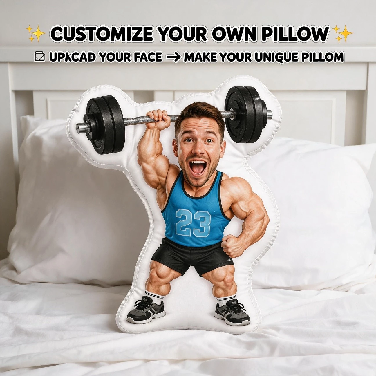 Custom Personalized Photo Face Pillow, Funny Gym Workout Bodybuilder Lifting Barbell Custom Shaped Decorative Cushion, Unique Ho