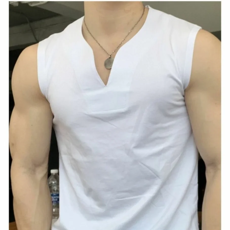 Men Summer Slim Fit Fashion Vest Top Fitness Motion Streetwear Running And Fitness Fashion Trend Big V Neck Vest