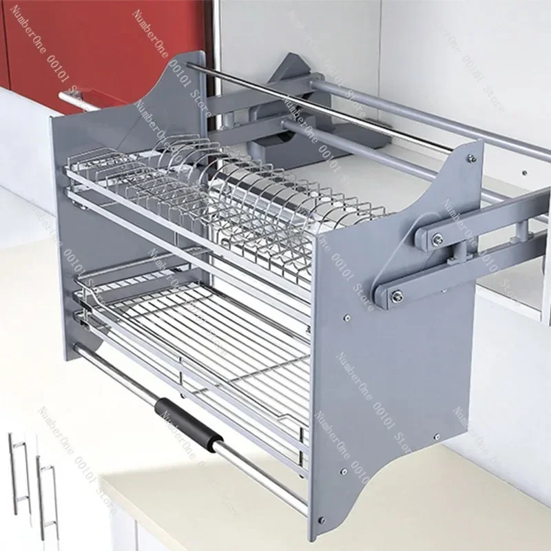 Kitchen Hanging Cabinet Lifting Basket Buffer Drop Down Pull Down Storage Rack for Upper Cabinet Shelf Organizer