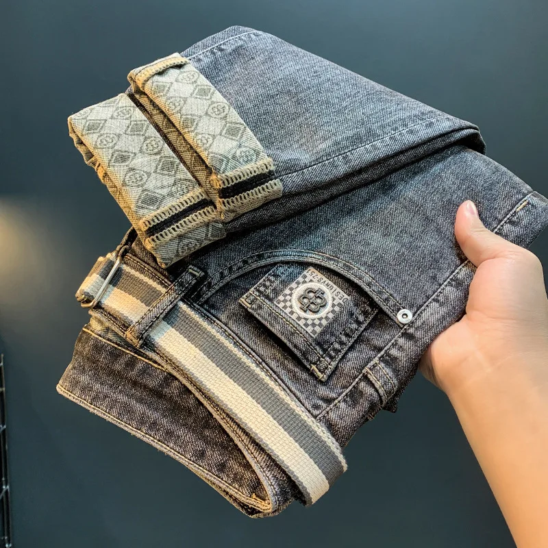 2024 spring new high end luxury MEN'S jeans trendy print straight fit Korean edition casual fashion versatile cotton denim pants