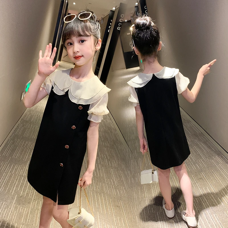 School Kids Child Preppy Layered Collar Summer Dress with Buttons on the Side for Girl Fashion Short Sleeve Streetwear Outfit
