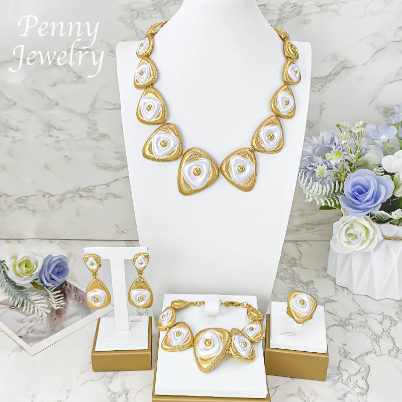 Triangle Linked Collar Necklace Earrings Bracelet Ring Chunky Choker 18K Gold Plated Jewelry Set Bridal Wedding Party Gifts