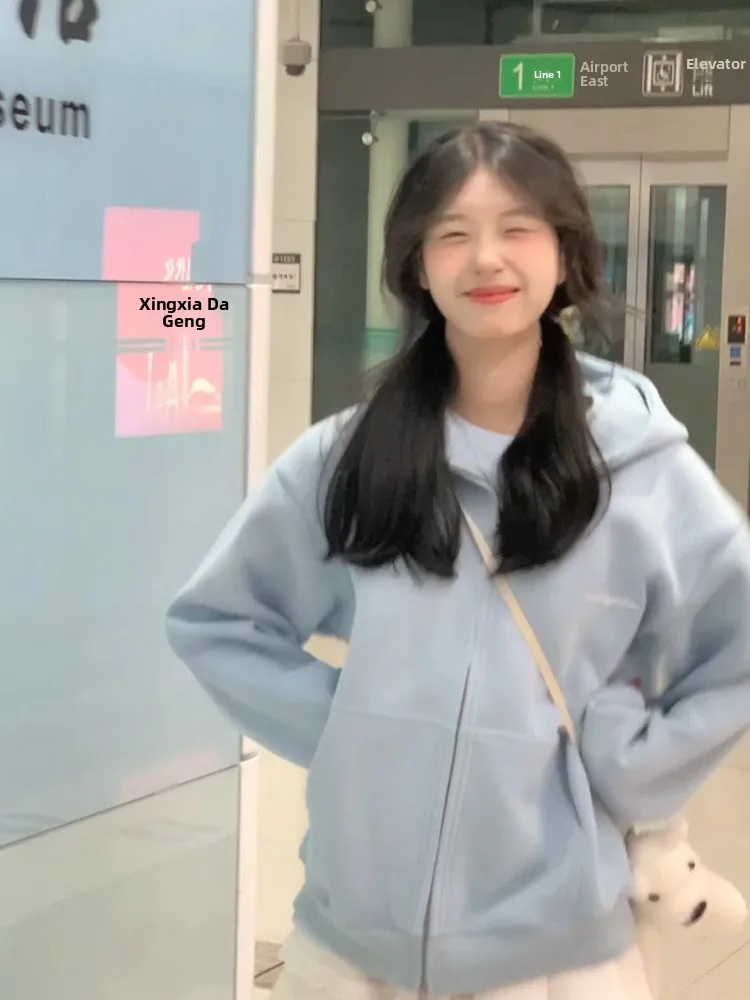 Blue Hoodie Sweatirt Women's Loose American College Sle Cardigan Coat Spring Autumn New Arrival Comfortable Fufu Lazy Sle