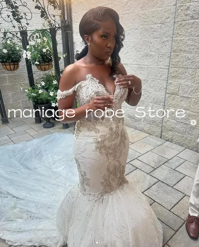 Sparkly Aso Ebi Mermaid Long Wedding Dresses Luxury Diamond Applique African Cusotmsized Garden Beach Bridal Gown Outfit