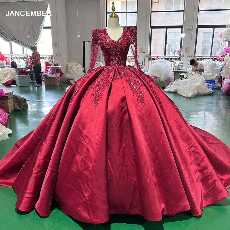 Jancember Long Sleeves Ball Gown Red Wedding Dresses Vestido De Noiva Sparkly Beading Floor-Length Formal Bridal Gowns HOT Sale