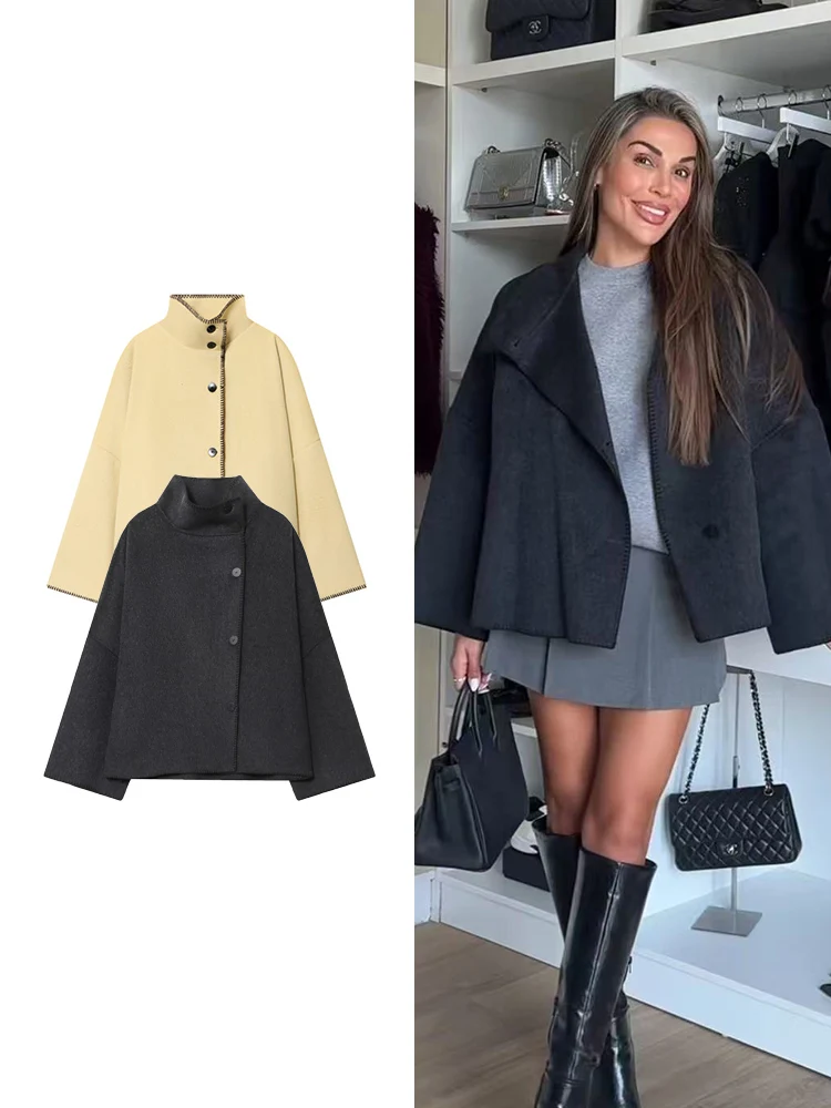 

2025 Women Solid Half Turtleneck Coats Elegant Casual Single Breasted Pockets Loose Jackets New Autumn Lady Fashion Outerwear