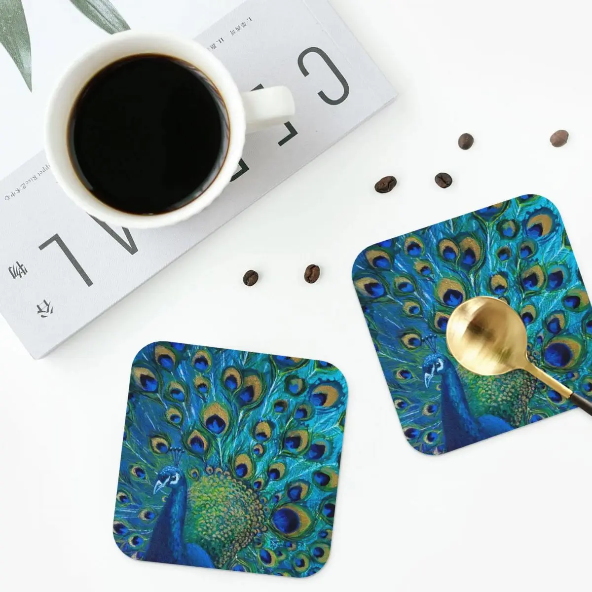 Peacock Full Glory Coasters PVC Leather Placemats Waterproof Insulation Coffee Mats for Home Kitchen Dining Pads Set of 4