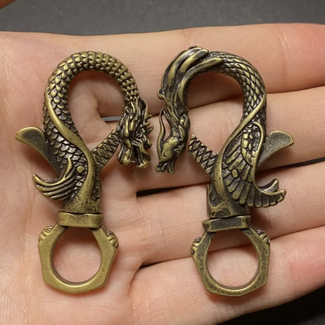 Collection of Chinese brass hand-cast dragon and phoenix keychain hanging ornament 2pcs