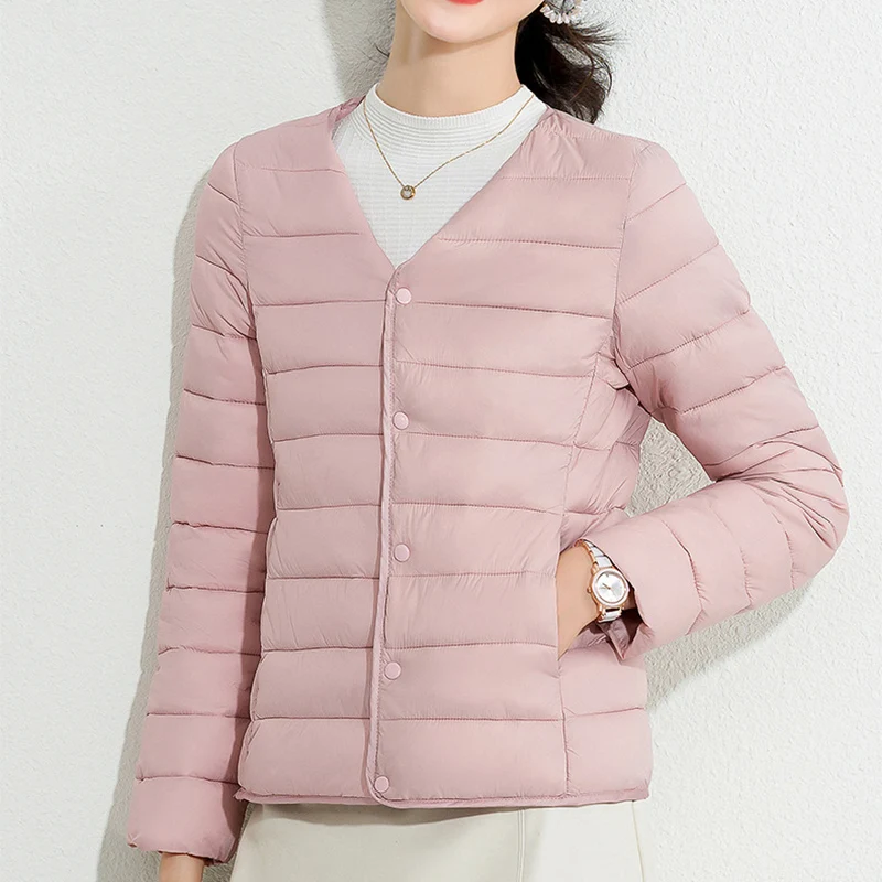 

New Light Warm Parkas for Women Slim Fit Crew Neck Cotton Jacket Woman Spring Autumn Single Fashion Breasted Outwear Female