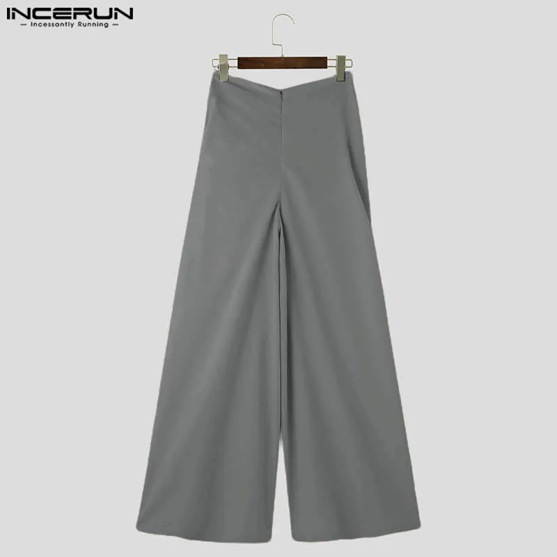 INCERUN Men Wide Leg Pants Solid Color Pleated Joggers Zipper Casual Trousers Men Streetwear 2024 Loose Fashion Long Pants S-5XL