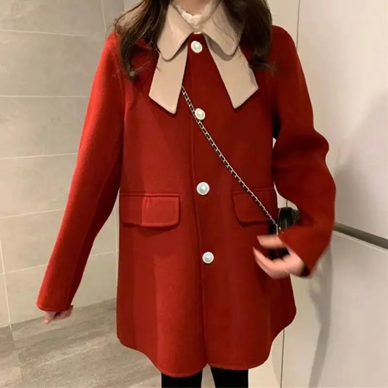 2023 Autumn Winter New Women Temperament Red Cashmere Coat Female Versatile High-End Hepburn Style Woolen Outwear Casual Top