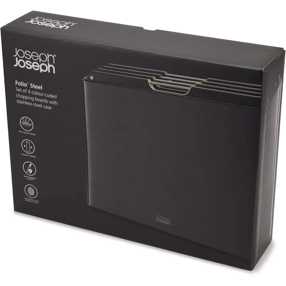 4-Piece Color-Coded Cutting Board Set with Stainless Steel Case for Organized Kitchen Storage, Black