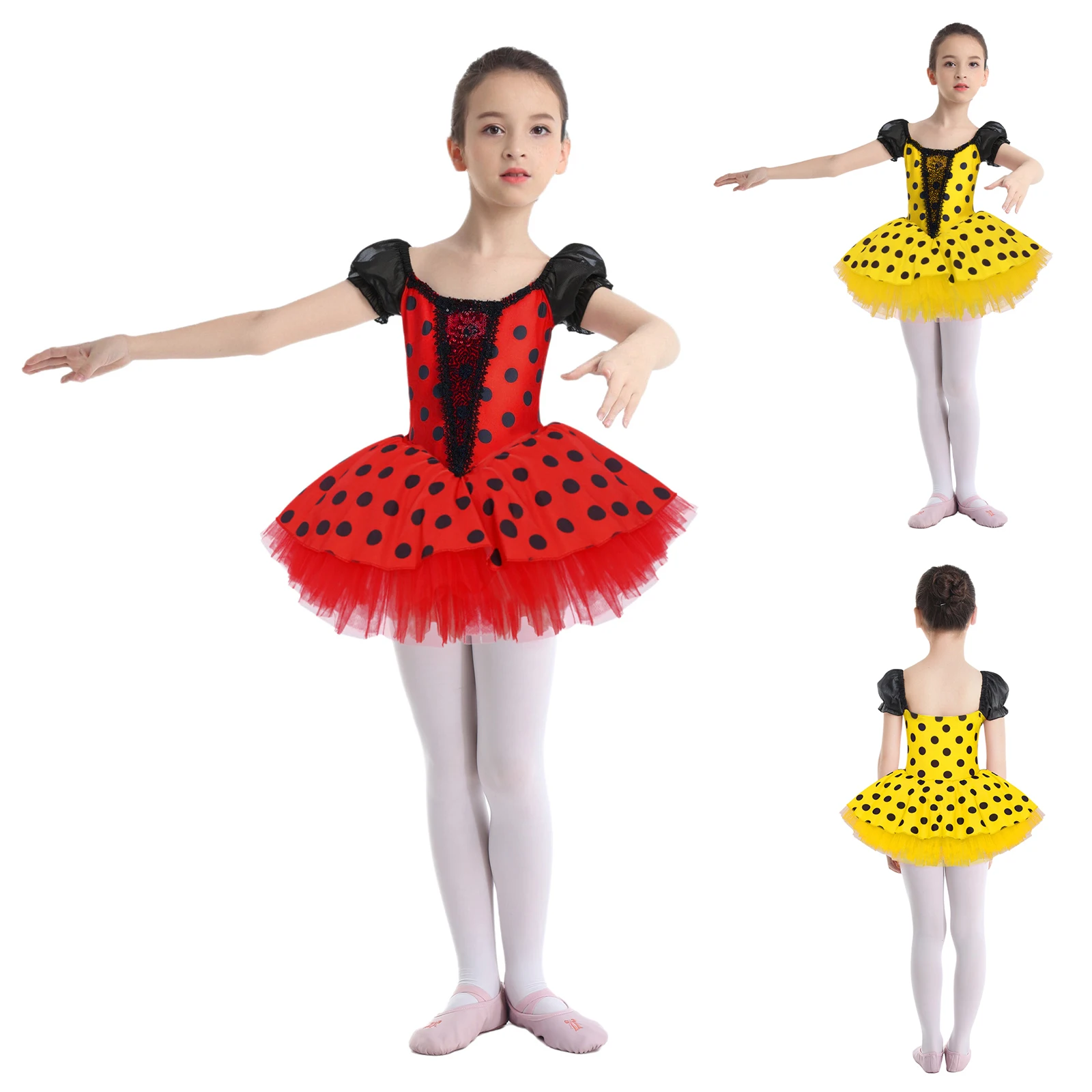 Kids Girls Ballet Leotard Dress Short Puff Sleeve Shiny Sequins Color Block Dots Tutu Dance Lyrical Figure Skating Dancewear