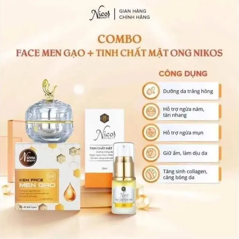 Combo Kem Face Men Gạo Nicos Serum Tinh Chất Mật Ong Nicos, Trắng Sáng Da, dưỡng ẩm da. Tránh sự hình thành của mụn và nám