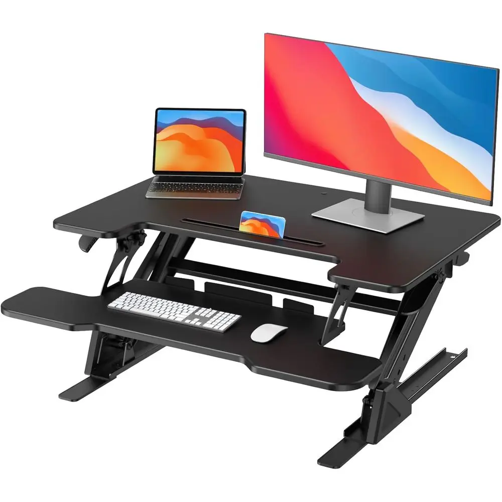32 Adjustable Z-Shaped Standing Desk Converter, Dual Monitor & Laptop Workstation, Wide Keyboard Tray, Black
