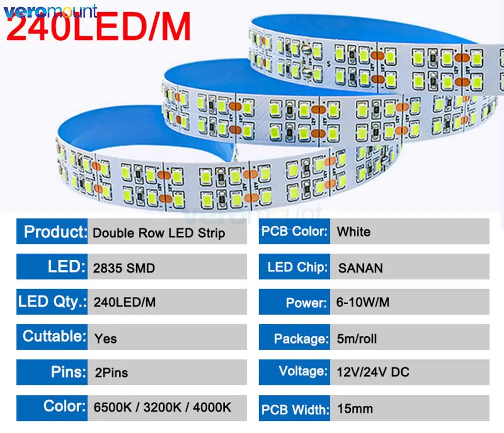 5m Double Row 2835 Flexible LED Strip 240leds/m 480leds/m Cool Warm White 4000K IP20 Non-Waterproof 1200/2400 SMDs 12V 24V DC