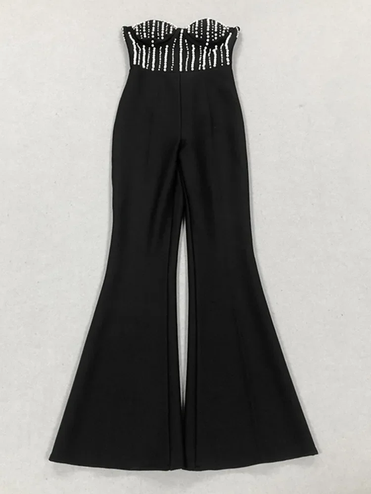 2025 Celebrity Women Luxury Sexy Strapless Pearl Black Bodycon Bandage Jumpsuit Celebrity Designer High Street Rompers