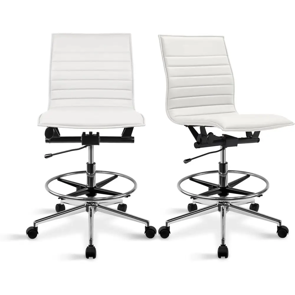 Upholstered PU Leather Ribbed Swivel Chair with Tall Adjustable Base, Leg Rest, and Lock for Computer, Home, and Conference Room