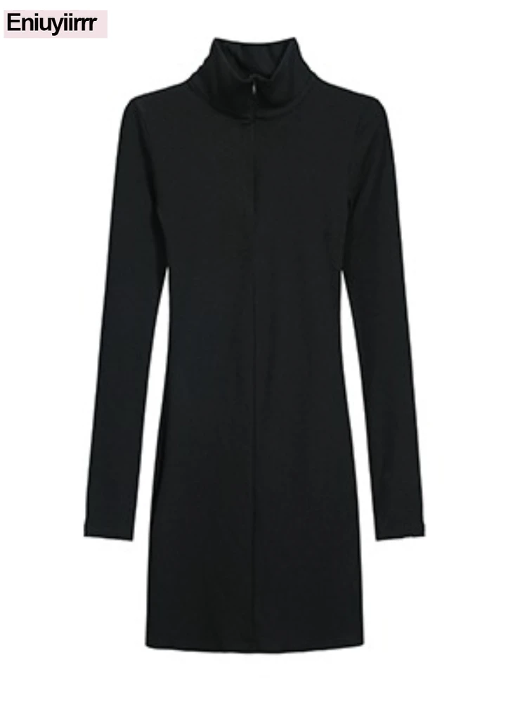 2025 Autumn Basics Club Wrap-around Bodycon T-Shirt Dress Woman Long SleeveSlimming Little Black Sexy Sheath Mini Dresses