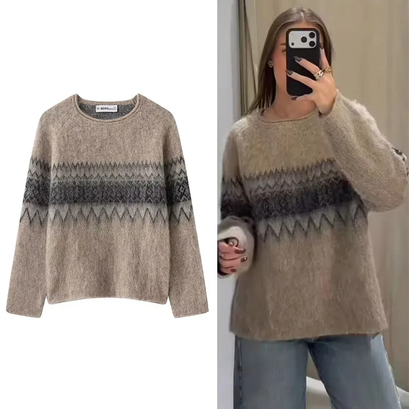 

Женский мягкий вязаный пуловер, женский модный винтажный жаккардовый свитер с длинными рукавами, новинка 2025 года, повседневный свободный трикотаж, топы ﻿ ﻿