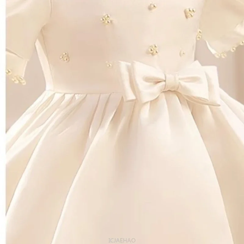 

Party Dress 2025 Kids White Satin Girls Girl Children Piano Host Recital Competition Outfit Birthday Princess Dresses Flower