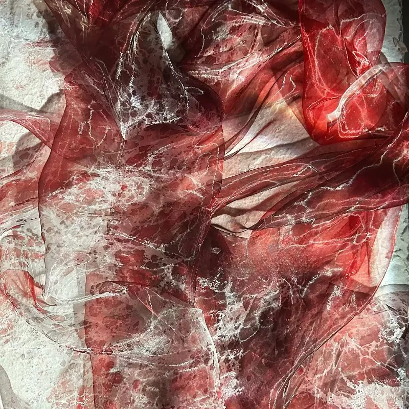 Glossy Red Eroded Vein Gradient Sheer Organza Mesh Fabric New Chinese Designer Textile for Hanfu Ancient Costume Arch Background