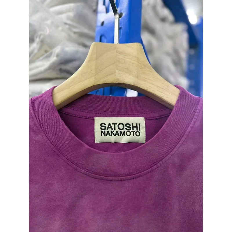New SATOSHI NAKAMOTO Bling Rhinestone Letter T‑Shirt Vintage Washed Finish Unisex Hip‑Hop Oversized Streetwear Tee