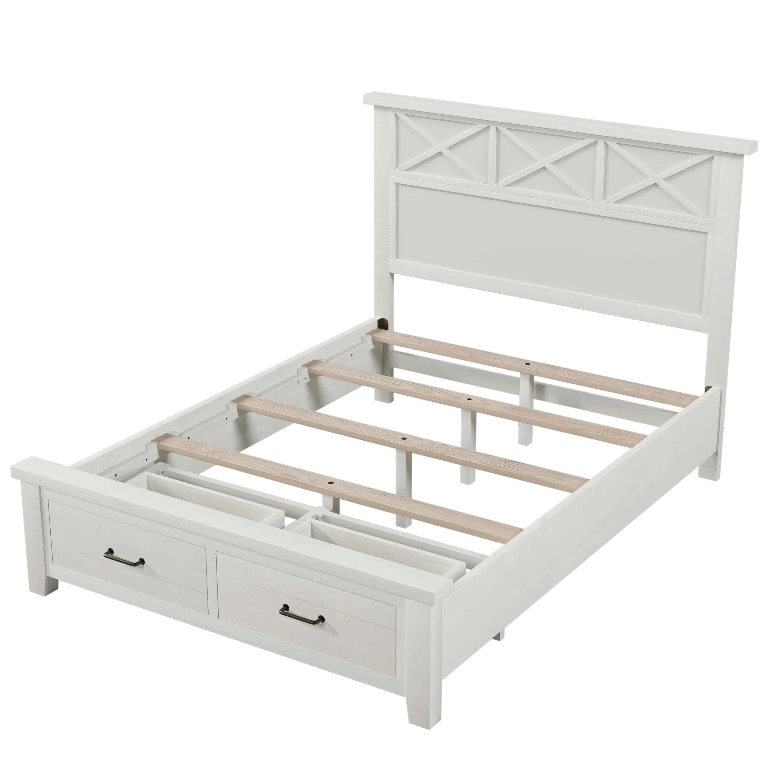 Rustic Farmhouse Queen Storage Panel Bed dengan dua laci, putih