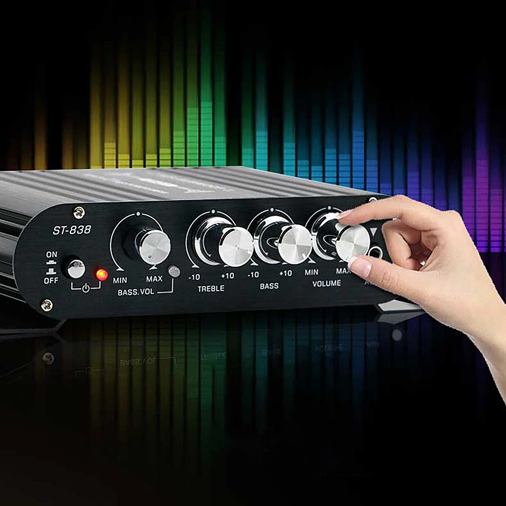 ST-838 HiFi 2.1 Channel Power Amplifier Stereo Bass Sound Amp RMS 20Wx2+40W Kelas D Mini Media Player MP3 Mobil Hitam Amplifier Rumah