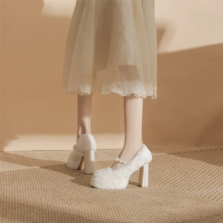 

Бархатные туфли из овечьей шерсти с бантом Bloomstpes, женская одежда, зимние непромокаемые белые вечерние туфли Мэри Джейн на высоком каблуке