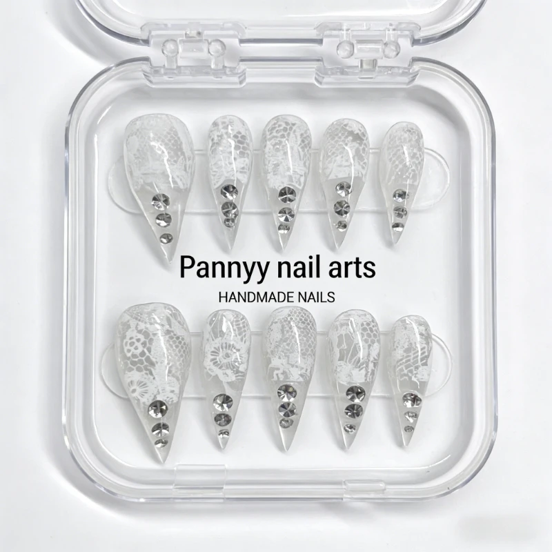 

10Pcs/set Handmade Fake Nails Clear Transparent White Lace Print with Rhinestone Design Short Stiletto Press On Nails for Women