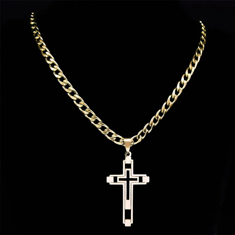 2024 Hip Hop Cross Stainless Steel Chain Necklaces Gold Color Long Pendant Necklace for Women/Men Jewelry collier homme N6055S05