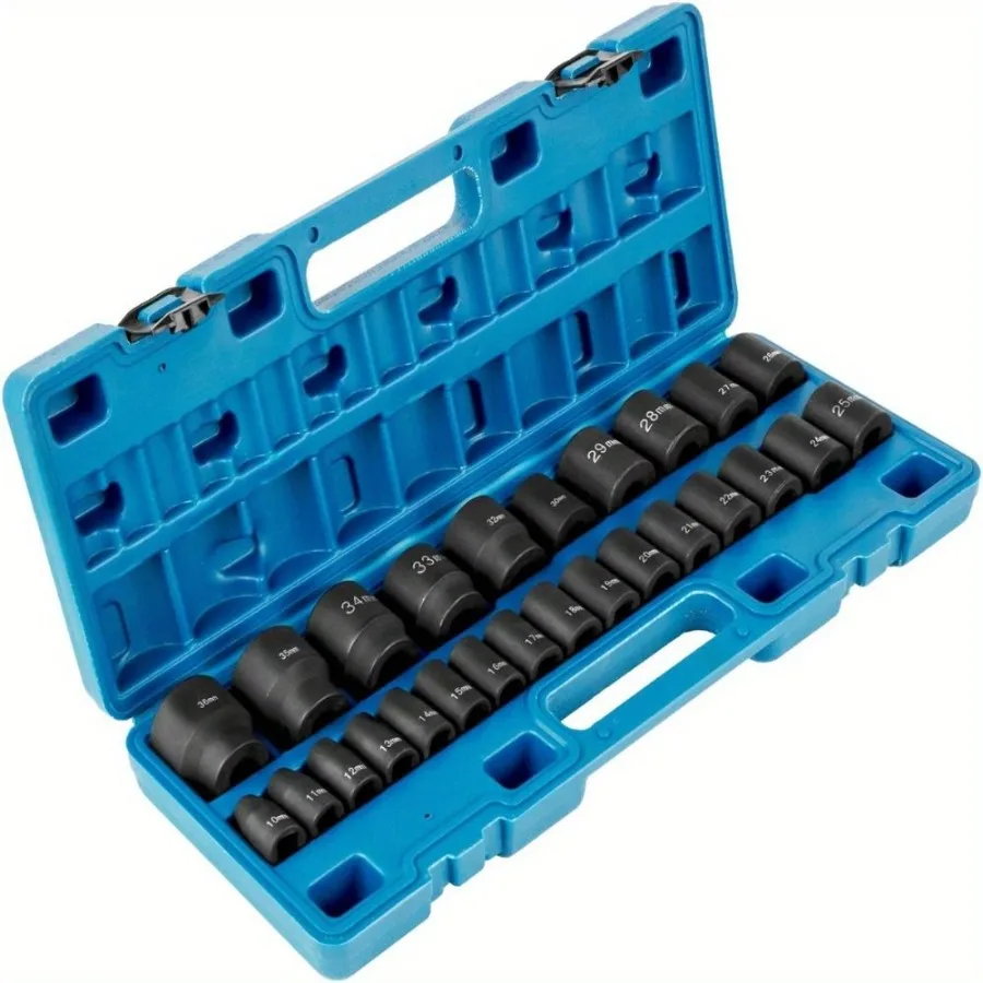 

Impact Socket Set: 26 pieces 1 2 Drive CR Mo material 6point and shallow sockets Metric sizes 10mm 36mm Sturdy construction com
