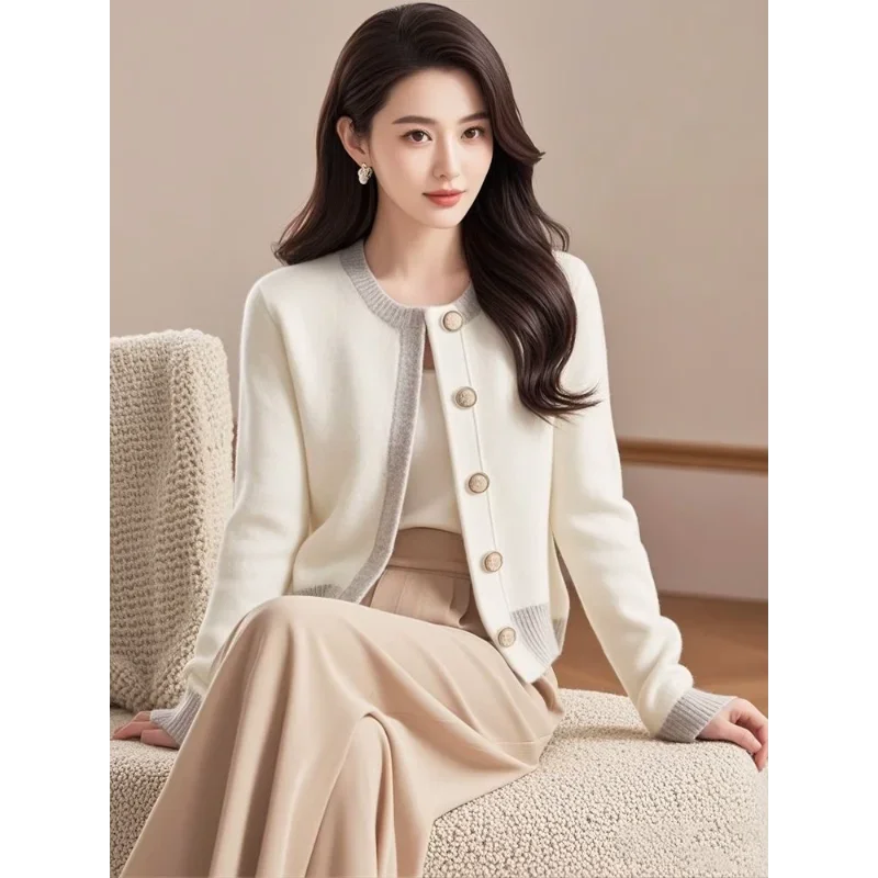 เสื้อแจ็คเก็ตสเวตเตอร์ถักบล็อคสีสไตล์ฤดูใบไม้ผลิและฤดูใบไม้ร่วงลดอายุเกาหลีเสื้อคาร์ดิแกนคอกลมเสื้อผ้าผู้หญิง