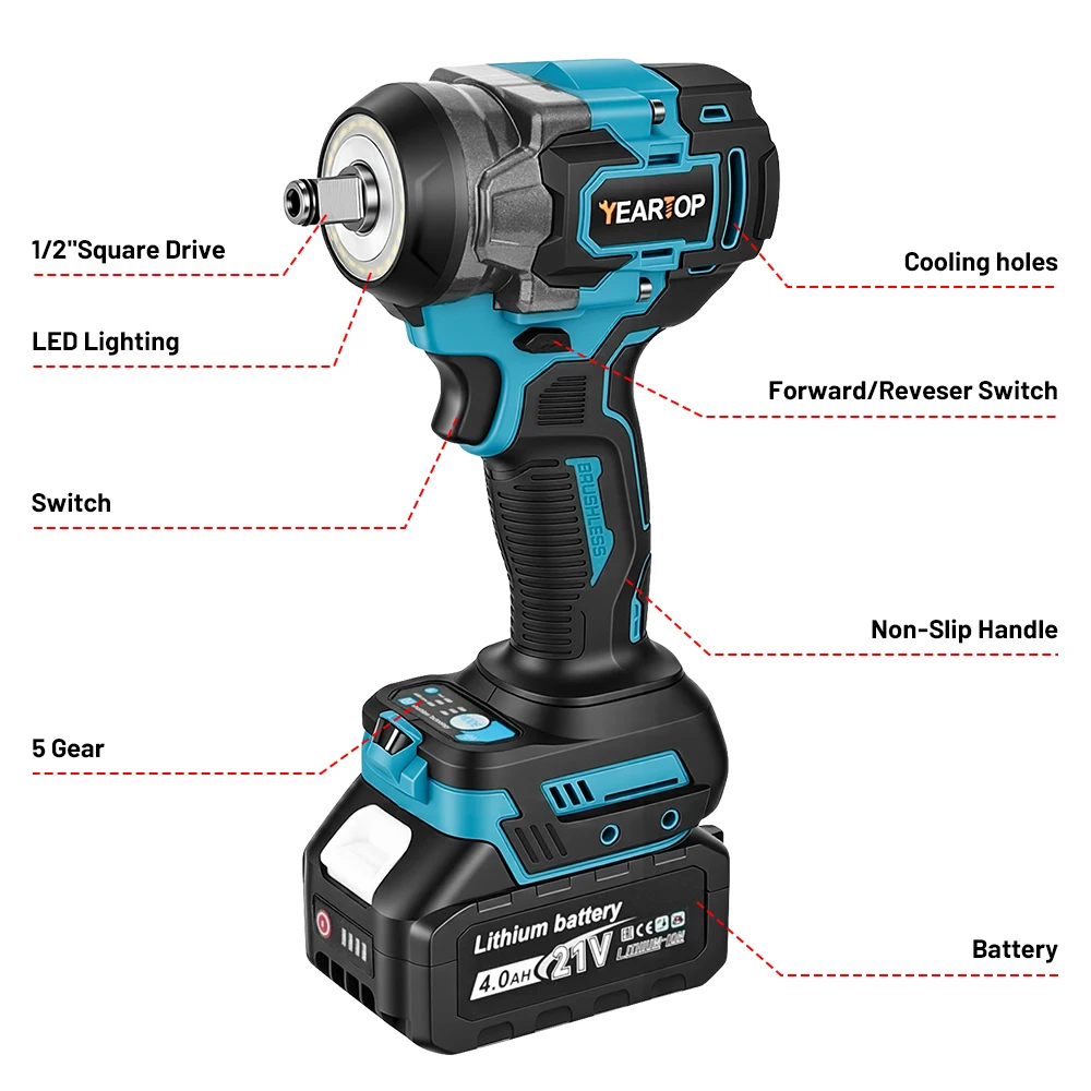 YEARTOP 1500NM 5 Gears Brushless Electric Impact Wrench Wrench 1/2