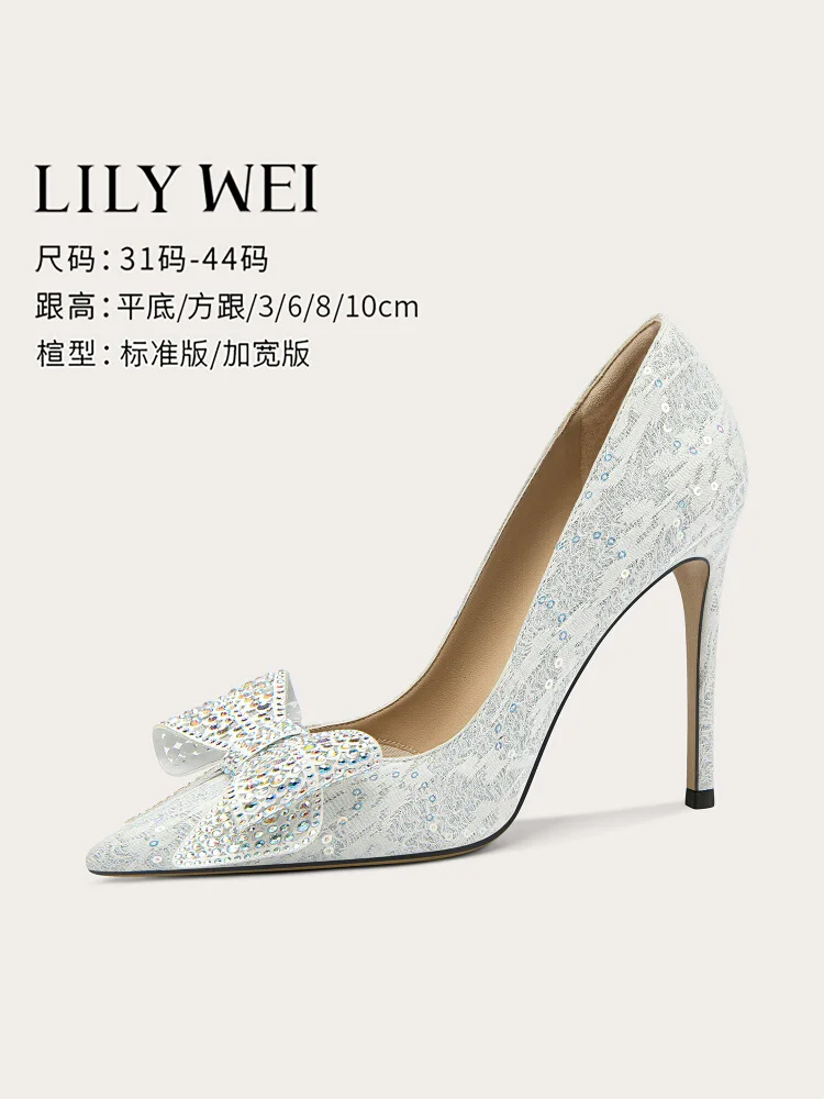 

Spring pointed toe sequin rhinestone bow flat sole single shoes thin high heel banquet dress large size small size women's shoes