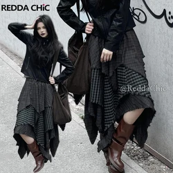 ReddaChic Alt Goth Contrast Plaid Skirt Grunge Retro Elastic Waist Raw Edge Irregular Ruffle Long Skirt Plus Size Women Clothes