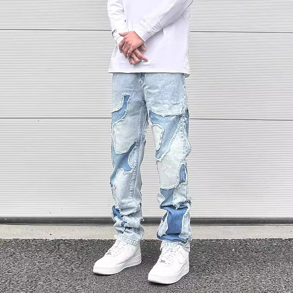 Streetwear Swag Style Blue Frayed Jeans Pants for Men Retro Washed Ripped Casual Tapered Denim Trousers Slim Fit Y2k Jean Male