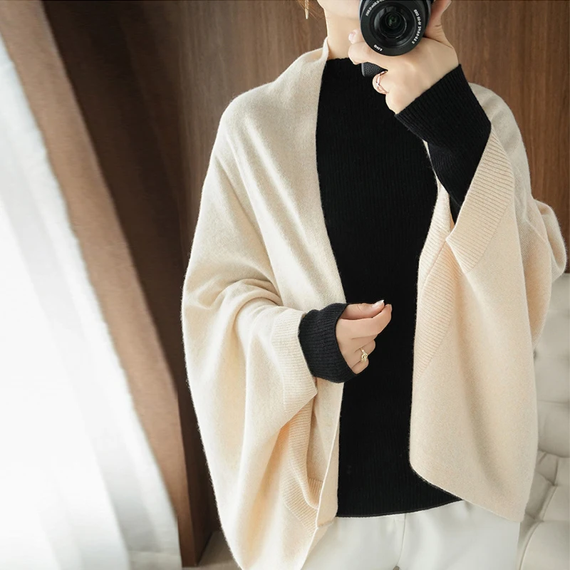 Women's Knitted Shawl Scarf Soft Warm Knitwear Cardigan Cloak Wraps Shoulder Neck Protect Pashmina Scarves Dual Use 2024