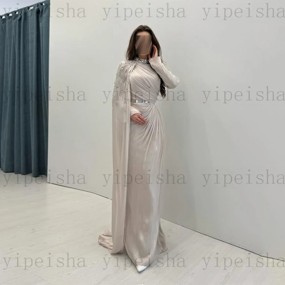 Personalizado alta pescoço saudita vestidos de noite cristal miçangas manga cheia plissado drapeado organza vestido de baile longo vestido de festa reto