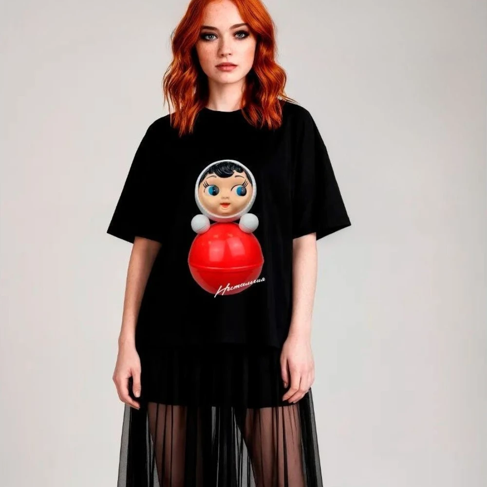 Unique Russian Women Cute Sweet Pure Cotton Oversized Black T-Shirt 3D Doll Decor Graphic Top Streetwear Casual Short Sleeve Tee