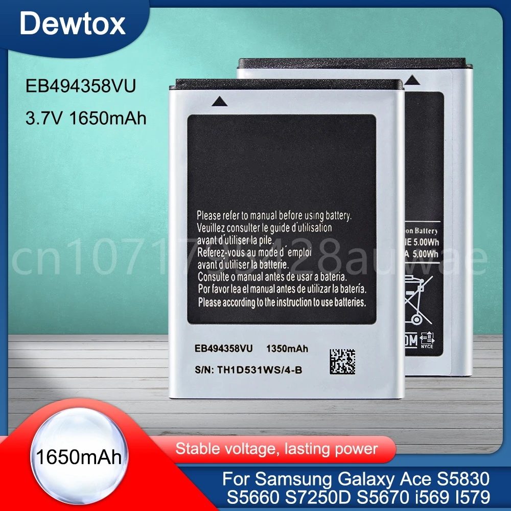 Original Battery EB494358VU for Samsung Galaxy Ace S5830 S5660 S7250D S5670 I569 I579 GT-S6102 S6818 GT-S5839i 1350mAh