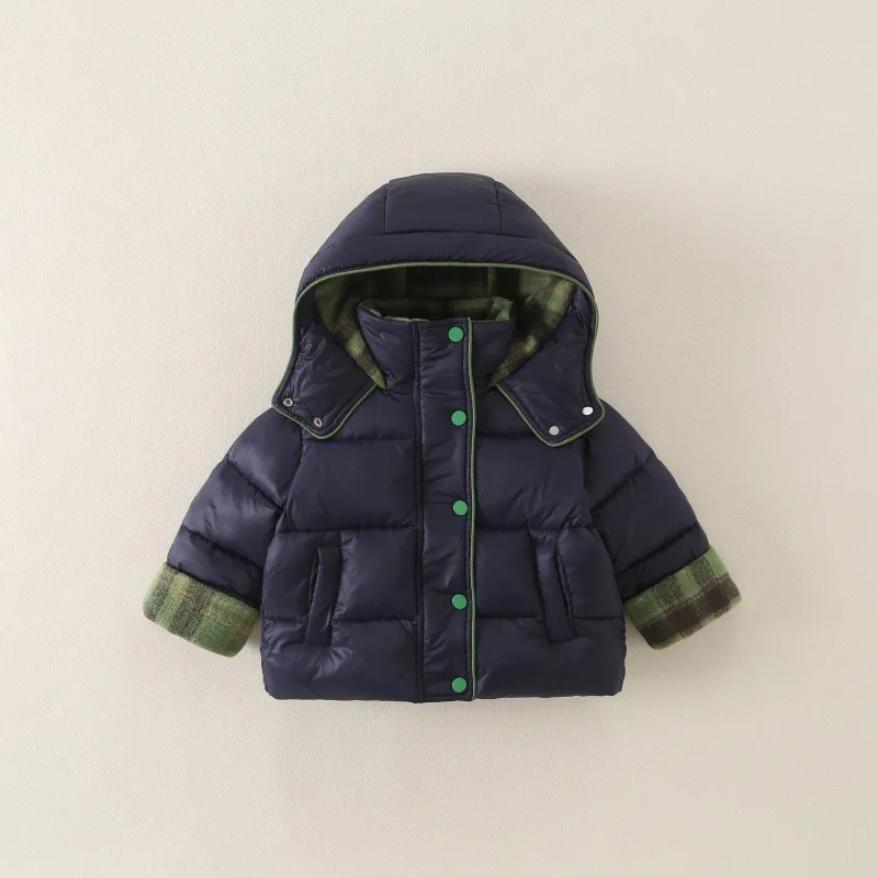 Children's Winter Cotton Clothing with Thickened 2026 New Checkered Color Blocked Buttons for Warmth and Simplicity