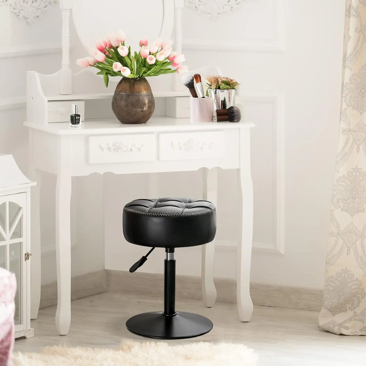 Adjustable Vanity Stool for Makeup Room, Black Faux Leather Chair, 360 ° Swivel Vanity Stool