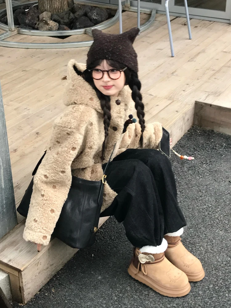 

Dot Pattern Lamb Fur Jaet Women's ort Thiened Hooded Inteated Color Winter Warm Plu Top Korean Sle Commute Wind