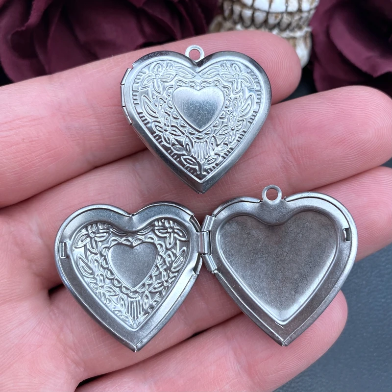 2pcs Stainless Steel Heart Box Vintage Reliquary Pendant Photo Locket DIY Necklace Handicraft Charm Jewelry Making Supplies