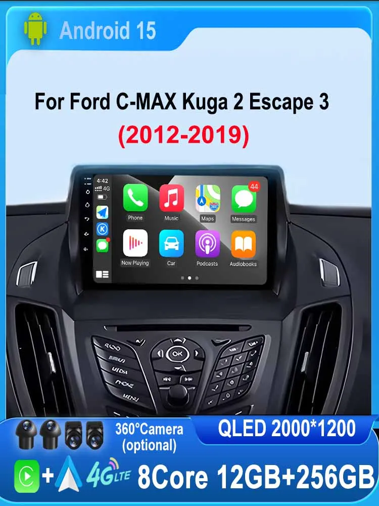Autoradio voor Ford C-MAX Kuga 2 Escape 3 2012-2019 Carplay Autoradio Android 15 Auto GPS Auto Multimedia touchscreen 4G WIFI - afbeelding 2